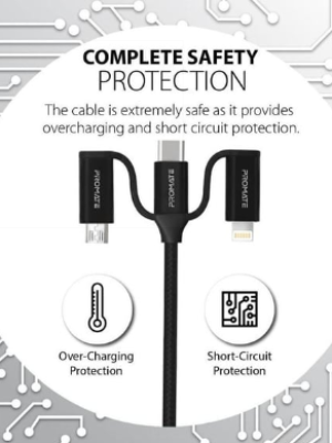 Promate 6In1 Hybrid Multi Connector Cable 1.2m Black